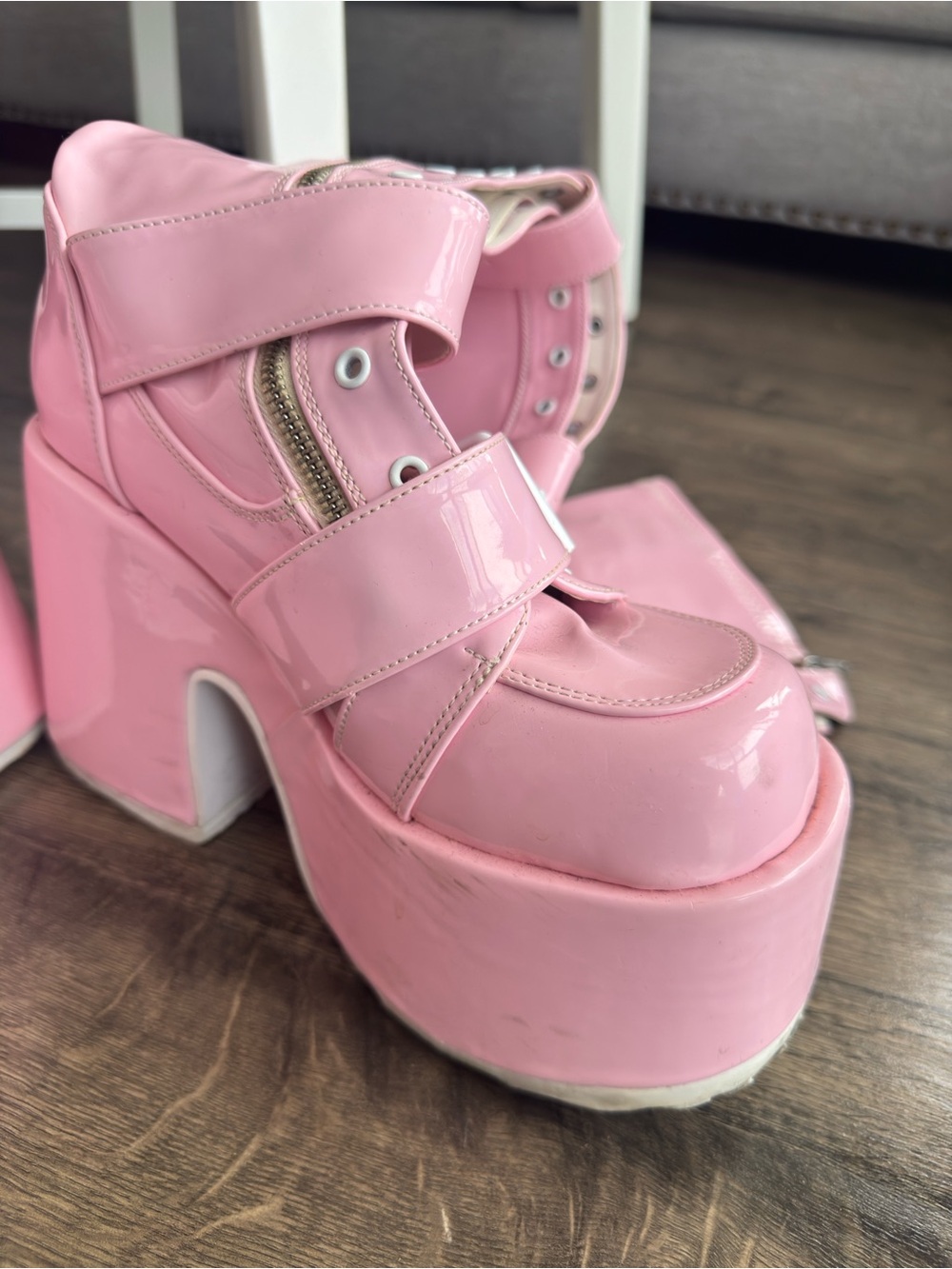 DEMONIA Platform Knee-High Buckle Boots - Pink - Picture 8 of 11